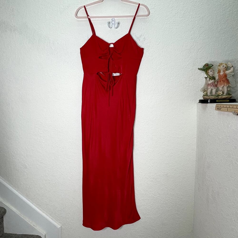 MESHKI Womens L Red Cutout Maxi Dress Ruched Tie Strappy Slinky Bodycon